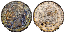 Venezuela. 2 bolivares. 1904. (Km-Y23). Ag. An eye-catching specimen with a dappling of cerulean and apricot coloration that heavily overlays the obve...