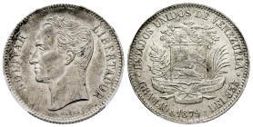 Venezuela. 2 bolivares. 1879. Brussels. (Km-Y23). Ag. The elusive first year of issue for the type. Rare in this grade. Slabbed by PCGS as AU 55. Only...