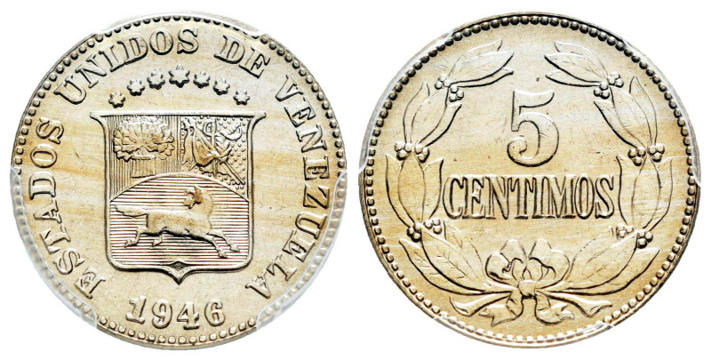 Venezuela. 5 centimos. 1945. (Km-Y29.a). Ag. Slabbed by PCGS as MS 65. Est...60,...