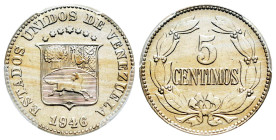 Venezuela. 5 centimos. 1945. (Km-Y29.a). Ag. Slabbed by PCGS as MS 65. Est...60,00. 

Spanish description: Venezuela. 5 céntimos. 1945. (Km-Y29.a). ...