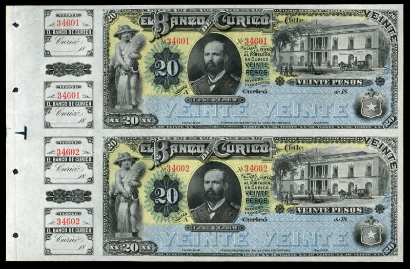 Chile. 20 pesos. Bank of Curico. (Pick-S220r). Unseparated correlative pair. Min...