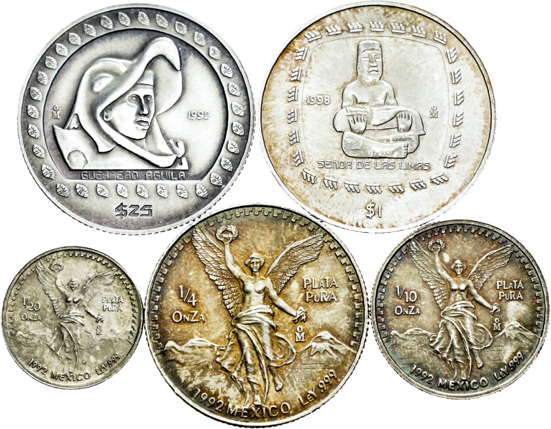 Lot of 5 coins Mexico; 1/2 ounce (3), 1/10 ounce (1), 1/20 ounce (1), 1/20 ounce...