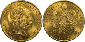 RDR – Habsburg – Österreich, KAISERREICH ÖSTERREICH. Franz Joseph I. (1848-1916), Wien. 4 Gulden (10 Franken) 1892 offizielle Neuprägung (900 fein). 3...