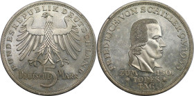 Deutsche Münzen und Medaillen ab 1945, BUNDESREPUBLIK DEUTSCHLAND. Todestag von Friedrich von Schiller. 5 Mark 1955 F. Silber. Jaeger 389. Vorzüglich-...