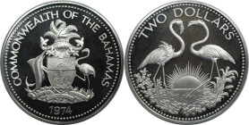 Weltmünzen und Medaillen, Bahamas. Flamingos. 2 Dollars 1974. 29,80 g. 0.925 Silber. 0.93 OZ. KM 66a. Polierte Platte