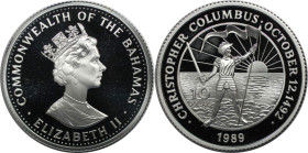 Weltmünzen und Medaillen, Bahamas. Columbus mit Flagge und Schwert. 10 Dollars 1989. 28,28 g. 0.925 Silber. 0.84 OZ. KM 128. Polierte Platte