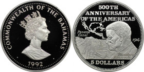 Weltmünzen und Medaillen, Bahamas. 500. Jahrestag des Amerika-Panamakanals. 5 Dollars 1992. 19,44 g. 0.925 Silber. 0.58 OZ. KM 149. Polierte Platte
