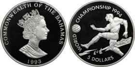 Weltmünzen und Medaillen, Bahamas. "Fußball-Weltmeisterschaft 1994". 5 Dollars 1993. 23,33 g. 0.925 Silber. 0.69 OZ. KM 169. Polierte Platte