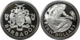 Weltmünzen und Medaillen, Barbados. Neptun mit Fisch und Dreizack. 10 Dollars 1974. 37,90 g. 0.925 Silber. 1.13 OZ. KM 17a. Polierte Platte, Patina. F...