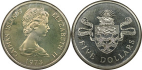 Weltmünzen und Medaillen, Cayman Inseln / Cayman Islands. Elizabeth II. 5 Dollars 1973. 35,50 g. 0.925 Silber. 1.0557 OZ. KM 8. Polierte Platte