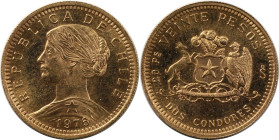 Weltmünzen und Medaillen, Chile. 20 Pesos zu 2 Condores 1976, Santiago. 4,07 g. 0.900 Gold. 0.12 OZ. KM 188, Fr. 56. Vorzüglich-stempelglanz, winziger...
