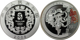 Weltmünzen und Medaillen, China. Olympiade Peking. Multicolor-Maske, Yangtze-Tänzerin. 10 Yuan 2008. 31,11 g. 0.999 Silber. 0.99 OZ. KM 1845. Polierte...