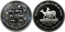 Weltmünzen und Medaillen, Nepal. 25 Jahre WWF - Moschustiere. 250 Rupees 1986. 19,44 g. 0.925 Silber. 0.58 OZ. KM 1026. Polierte Platte