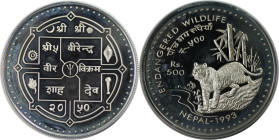 Weltmünzen und Medaillen, Nepal. Tiger. 500 Rupees 1993. 31,47 g. 0.925 Silber. 0.94 OZ. KM 1091. Polierte Platte