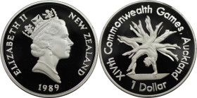 Weltmünzen und Medaillen, Neuseeland / New Zealand. XIV. Commonwealth Spiele. 1 Dollar 1989. 27,22 g. 0.925 Silber. 0.81 OZ. KM 68a. Polierte Platte