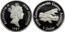 Weltmünzen und Medaillen, Neuseeland / New Zealand. XIV. Commonwealth Spiele. 1 Dollar 1989. 27,22 g. 0.925 Silber. 0.81 OZ. KM 69a. Polierte Platte
