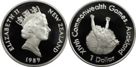Weltmünzen und Medaillen, Neuseeland / New Zealand. XIV. Commonwealth Spiele. 1 Dollar 1989. 27,22 g. 0.925 Silber. 0.81 OZ. KM 67a. Polierte Platte