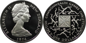 Weltmünzen und Medaillen, Neuseeland / New Zealand. "Commonwealth Spiele". 1 Dollar 1974,. 28,28 g. 0.925 Silber. 0.84 OZ. KM 44a. Polierte Platte