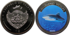 Weltmünzen und Medaillen, Palau. Gefährdete Tierwelt - Blauhai. 1 Dollar 2008. Kupfer-Nickel. KM UC# 201. Polierte Platte, Farbmünze
