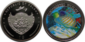 Weltmünzen und Medaillen, Palau. Gefährdete Tierwelt - Pfauenkaiserfisch. 1 Dollar 2008. Kupfer-Nickel. KM 166. Polierte Platte, Farbmünze