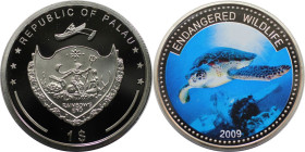 Weltmünzen und Medaillen, Palau. Gefährdete Tierwelt - Echte Karettschildkröte. 1 Dollar 2009. Kupfer-Nickel. KM 284. Polierte Platte, Farbmünze