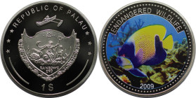 Weltmünzen und Medaillen, Palau. Gefährdete Tierwelt - Kaiserfisch. 1 Dollar 2009. Kupfer-Nickel. KM 283. Polierte Platte, Farbmünze