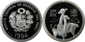 Weltmünzen und Medaillen, Peru. 20 Jahre Umweltprogramm der Vereinten Nationen. 1 Nuevo Sol 1994. 20,0 g. 0.999 Silber. 0.64 OZ. KM 314. Polierte Plat...
