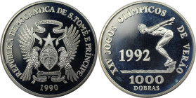 Weltmünzen und Medaillen, Saint thomas and prince islands. "XVI. Olympischen Sommerspiele (1992)". 1000 Dobras 1990. 23,74 g. 0.925 Silber. 0.71 OZ. K...