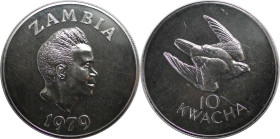Weltmünzen und Medaillen, Sambia / Zambia. Falke. 10 Kwacha 1979. 31,65 g. 0.925 Silber. 0.94 OZ. KM 19. Stempelglanz