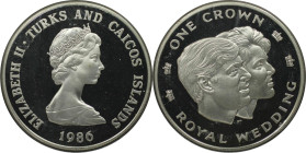 Weltmünzen und Medaillen, Turks und Caicos Inseln / Turks and Caicos Islands. Königliche Hochzeit. 1 Crown 1986. 28,28 g. 0.925 Silber. 0.84 OZ. KM 60...