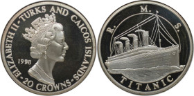 Weltmünzen und Medaillen, Turks und Caicos Inseln / Turks and Caicos Islands. R.M.S. Titanic. 20 Crowns 1998. 31,23 g. 0.999 Silber. 1 OZ. KM 240. Pol...