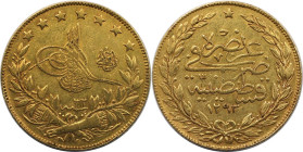 Weltmünzen und Medaillen, Türkei / Turkey. Abdülhamid II. (1876-1909), Qostantiniye. 100 Kurush o.J. 1293 d. H. Jahr 32 (= 1906, 917 fein). 7,20 g. Go...