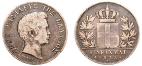Greece, King Otto, 1832-1862. 5 Drachmai, 1833 A, First Type, Paris mint, 21.99g (KM20; Divo 10b; Dav. 115).

Good fine.