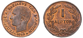 Greece, King George I, 1863-1913. Lepton, 1869 BB, First Type, Strasbourg mint, 1.00g (KM40; Divo 69; IV5).

Uncirculated with exceptional red-brown t...