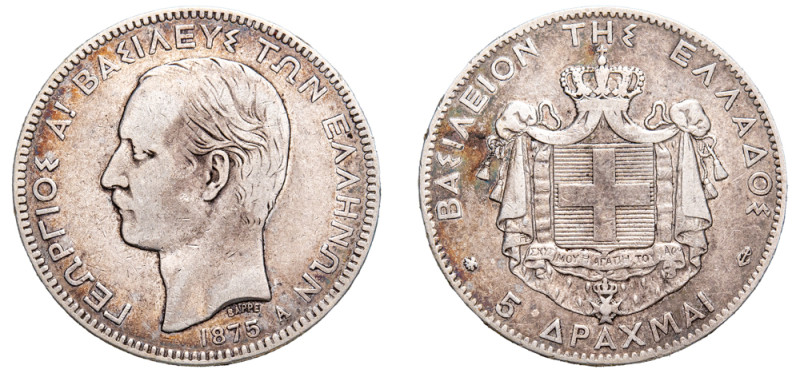 Greece, King George I, 1863-1913. 5 Drachmai, 1875 A, First Type, Paris mint, 24...