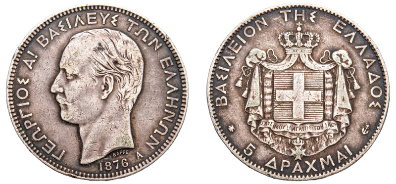 Greece, King George I, 1863-1913. 5 Drachmai, 1876 A, First Type, Paris mint, 24...