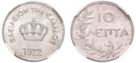 Greece, King Constantine I, 1913-1917 and 1920-1922. 10 Lepta, 1922, Poissy mint, thin planchet variety (KM66.1; Divo 102).

Graded MS63 NGC.
