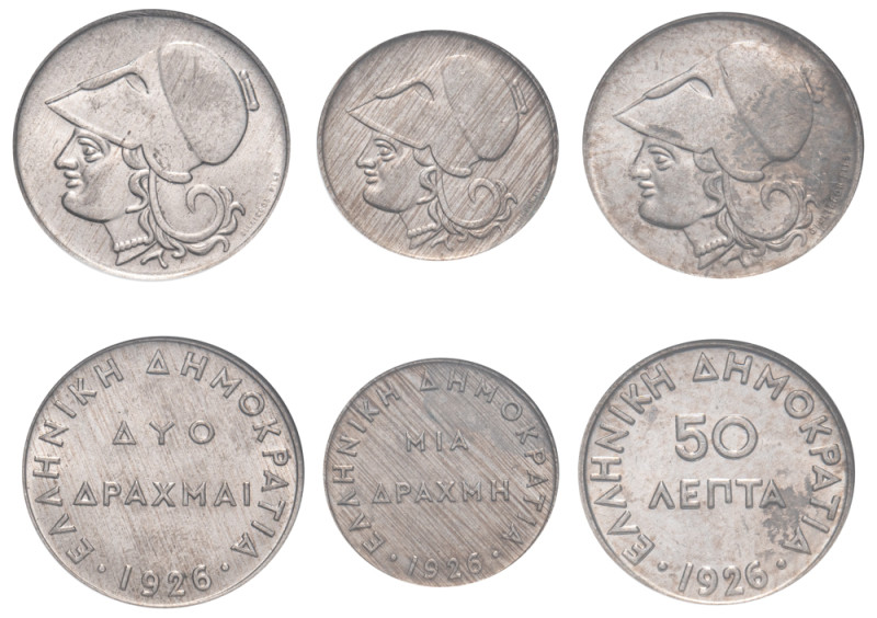 Greece, First Republic, 1924-1935. Lot of 3 coins comprising 50 Lepta, 1926, Vie...