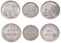 Greece, First Republic, 1924-1935. Lot of 3 coins comprising 50 Lepta, 1926, Vienna mint (KM68; Divo 109a); Drachma, 1926, Vienna mint (KM69; Divo 108...