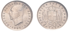 Greece, King Paul, 1947-1964. 50 Lepta, 1962, reeded edge, Paris mint (KM80; Divo 120d).

Graded MS64 NGC.