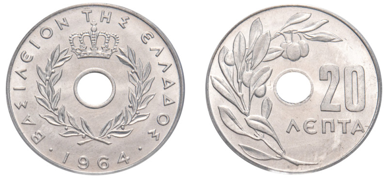 Greece, King Constantine II, 1964-1973. 20 Lepta, 1964, First Type, Vienna mint ...