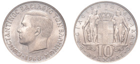 Greece, King Constantine II, 1964-1973. 10 Drachmai, 1968, First Type, Kremnitz mint (KM96).

Graded MS66 NGC.