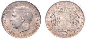 Greece, King Constantine II, 1964-1973. 5 Drachmai, 1970, First Type, Bombay mint (KM91).

Graded MS64 NGC.