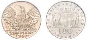 Greece, King Constantine II, 1964-1973. 100 Drachmai, 1967 (ND 1970), struck to commemorate the April 21st 1967 Revolution, Kremnitz mint (KM94).

Int...