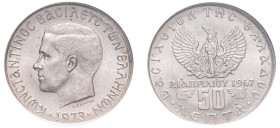 Greece, King Constantine II, 1964-1973. 50 Lepta, 1973 A, small head, Athens mint (KM97).

Graded MS65 NGC.