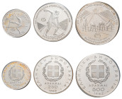 Greece, Third Republic, 1974-. Official Proof set, 100-250-500 Drachmai, 1982, Athens mint (KM135, 137, 139).

About uncirculated proof (3), accompani...