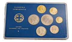 Greece, Third Republic, 1974-. Official mint set, 50 Lepta, 1-2-5-10-20-50 Drachmai, 1984, Athens mint (KM115, 116, 130, 131, 132, 133, 134).

Brillia...