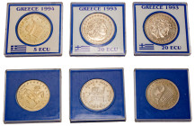 Greece, Third Republic, 1974-. Lot of 3 fantasy issue coins comprising Copper-nickel 20 Ecu (2), 1993, issuer: Chelsea Coins - London (KM-X33) and Cop...