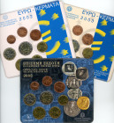 Greece, Third Republic, 1974-. Lot of 3 blisters comprising Official Euro Blister, 2002, Cent to 2 Euros (8); Official Euro Blister, 2003, Cent to 2 E...