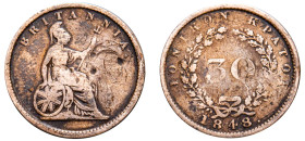 Greece, Ionian Islands, British Administration, 1809-1863. 30 Lepta, 1848, 1.34g (KM35).

Fine, damaged.